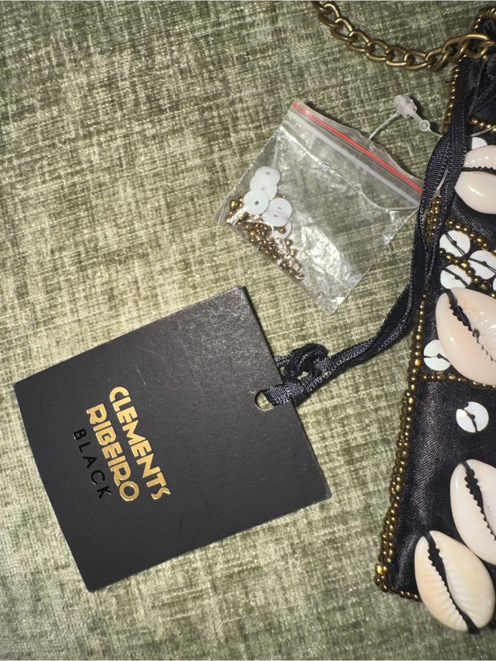 NWT Clements Ribeiro Black Embellished Seashell Crossbody Bag Beige Sequin Beads - Picture 5 of 8